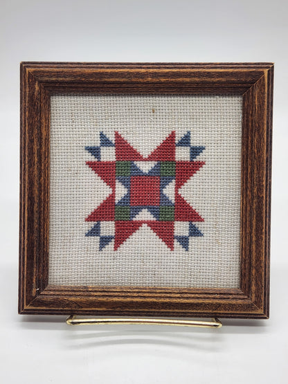 Star Quilt - Framed Needlepoint Cross Stitch Picture - Wall Decor 6" sq