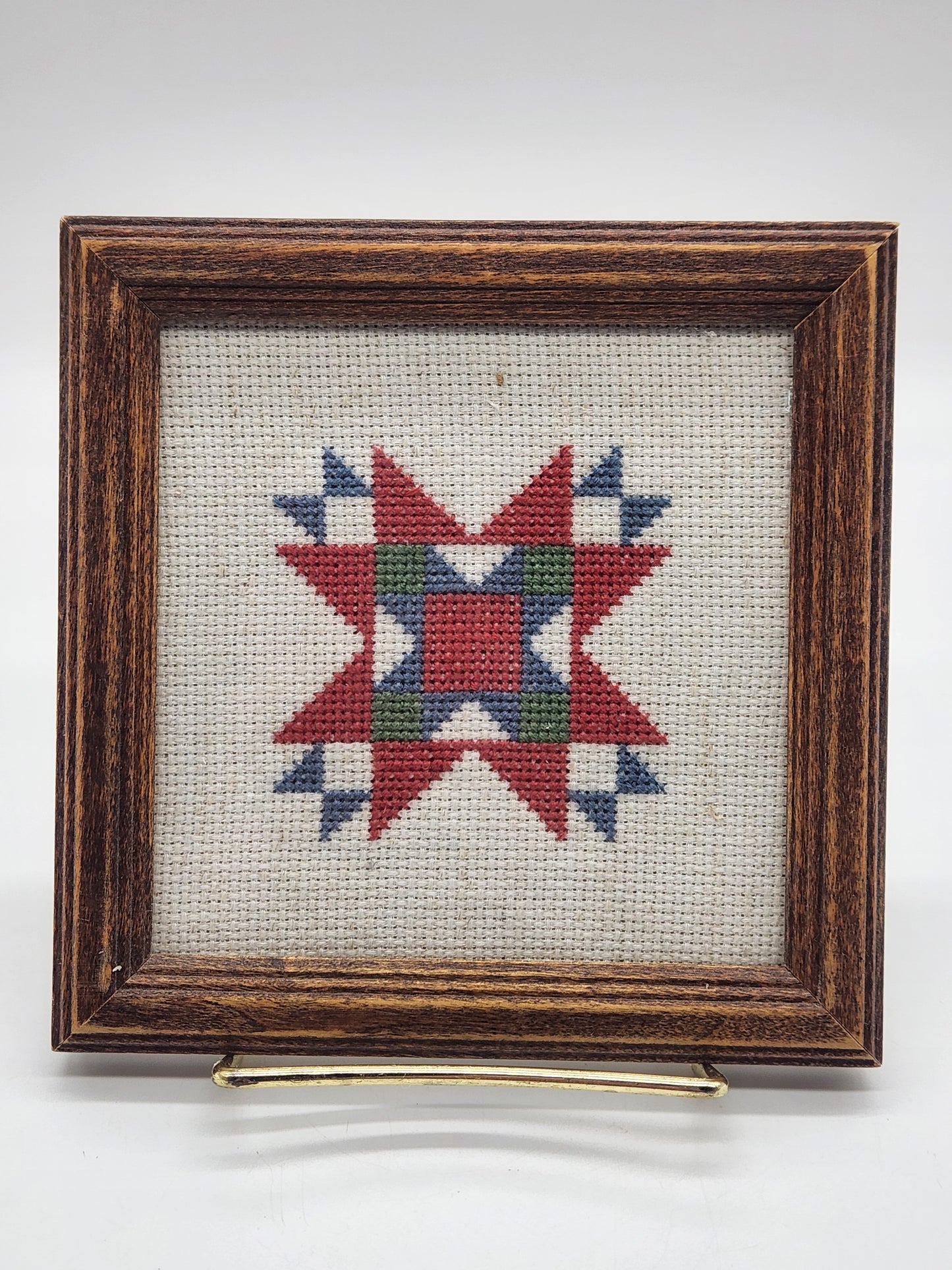 Star Quilt - Framed Needlepoint Cross Stitch Picture - Wall Decor 6" sq