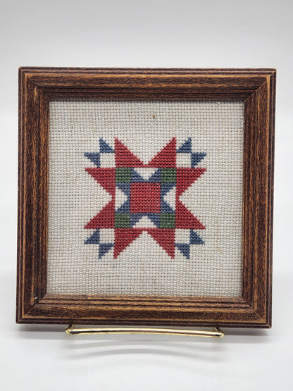 Star Quilt - Framed Needlepoint Cross Stitch Picture - Wall Decor 6" sq