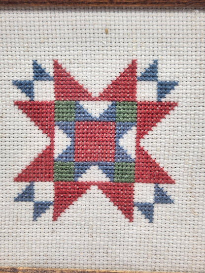 Star Quilt - Framed Needlepoint Cross Stitch Picture - Wall Decor 6" sq