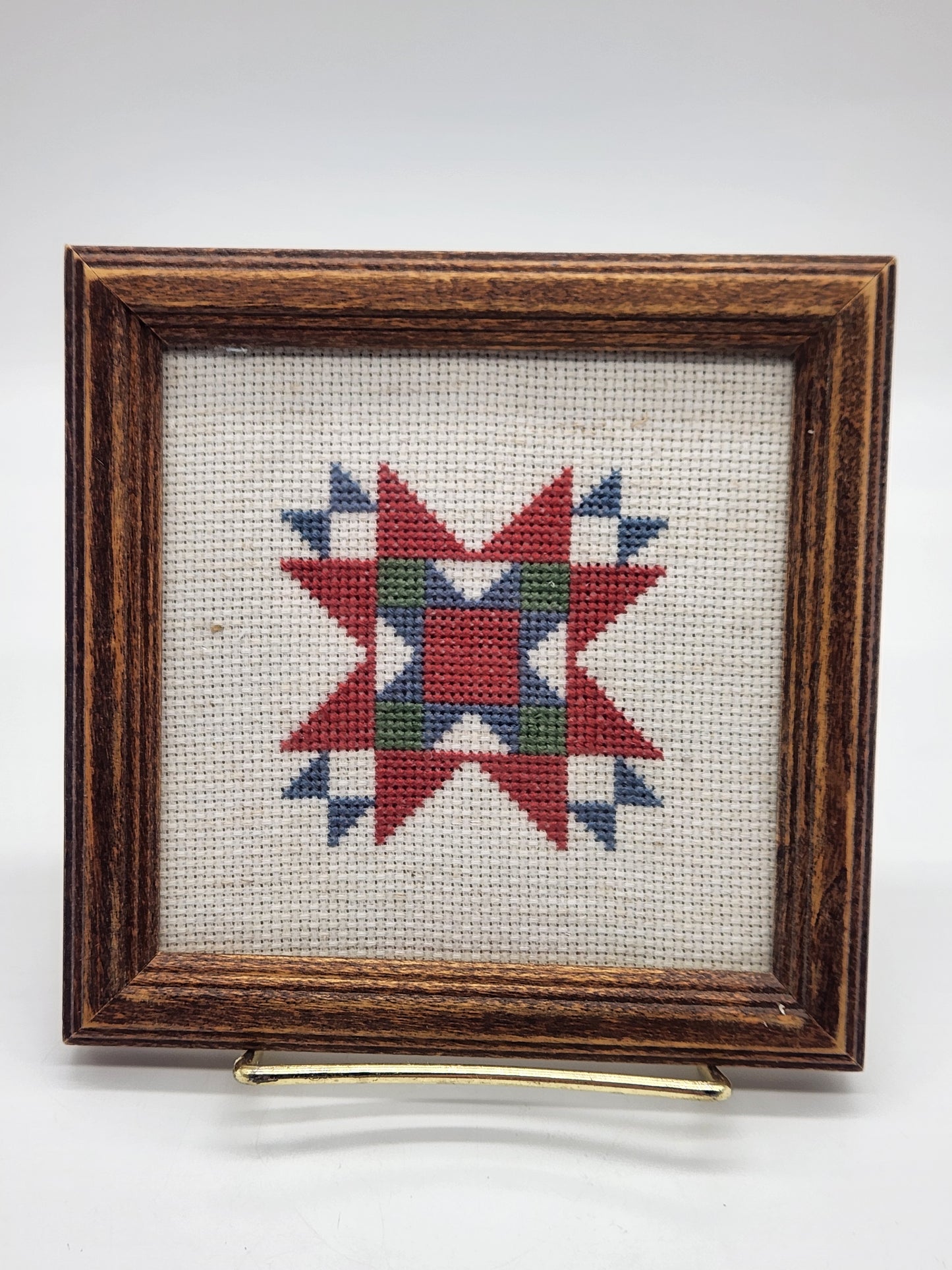 Star Quilt - Framed Needlepoint Cross Stitch Picture - Wall Decor 6" sq