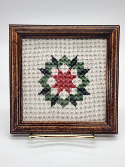 Star Quilt - Framed Needlepoint Cross Stitch Picture - Wall Decor 6" sq