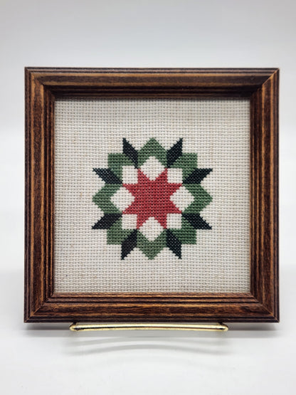 Star Quilt - Framed Needlepoint Cross Stitch Picture - Wall Decor 6" sq