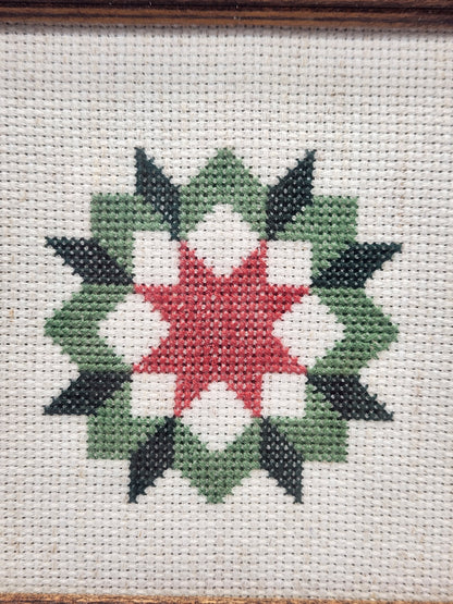 Star Quilt - Framed Needlepoint Cross Stitch Picture - Wall Decor 6" sq