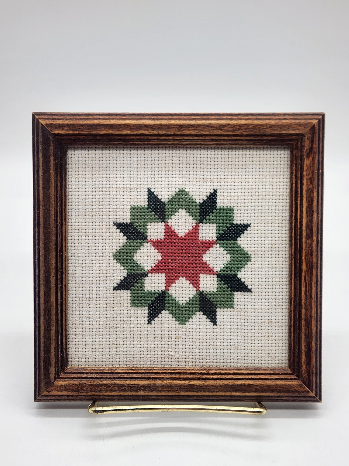 Star Quilt - Framed Needlepoint Cross Stitch Picture - Wall Decor 6" sq