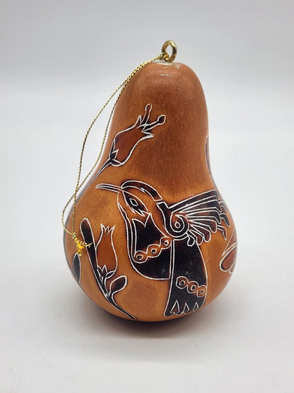 Handmade Lucuma Hand carved Gourd Ornament Hummingbird Floral 4"