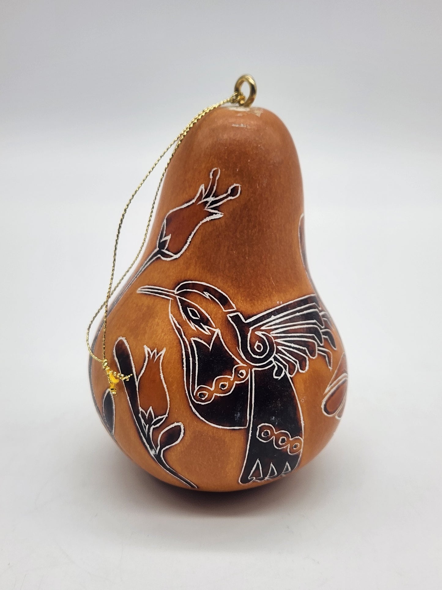 Handmade Lucuma Hand carved Gourd Ornament Hummingbird Floral 4"