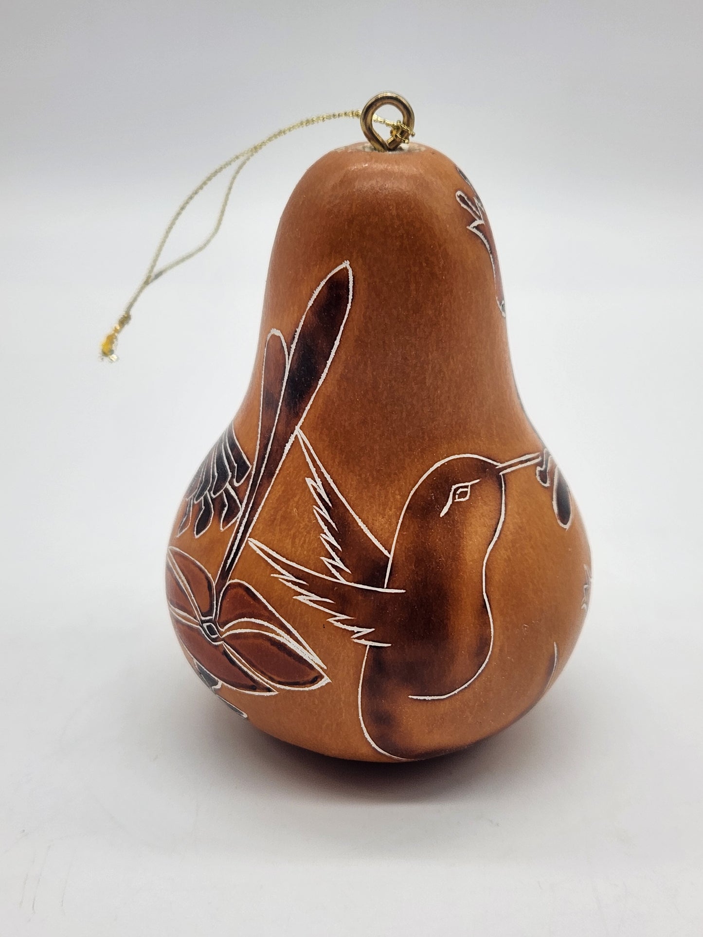 Handmade Lucuma Hand carved Gourd Ornament Hummingbird Floral 4"