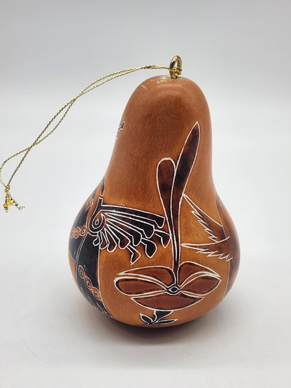 Handmade Lucuma Hand carved Gourd Ornament Hummingbird Floral 4"