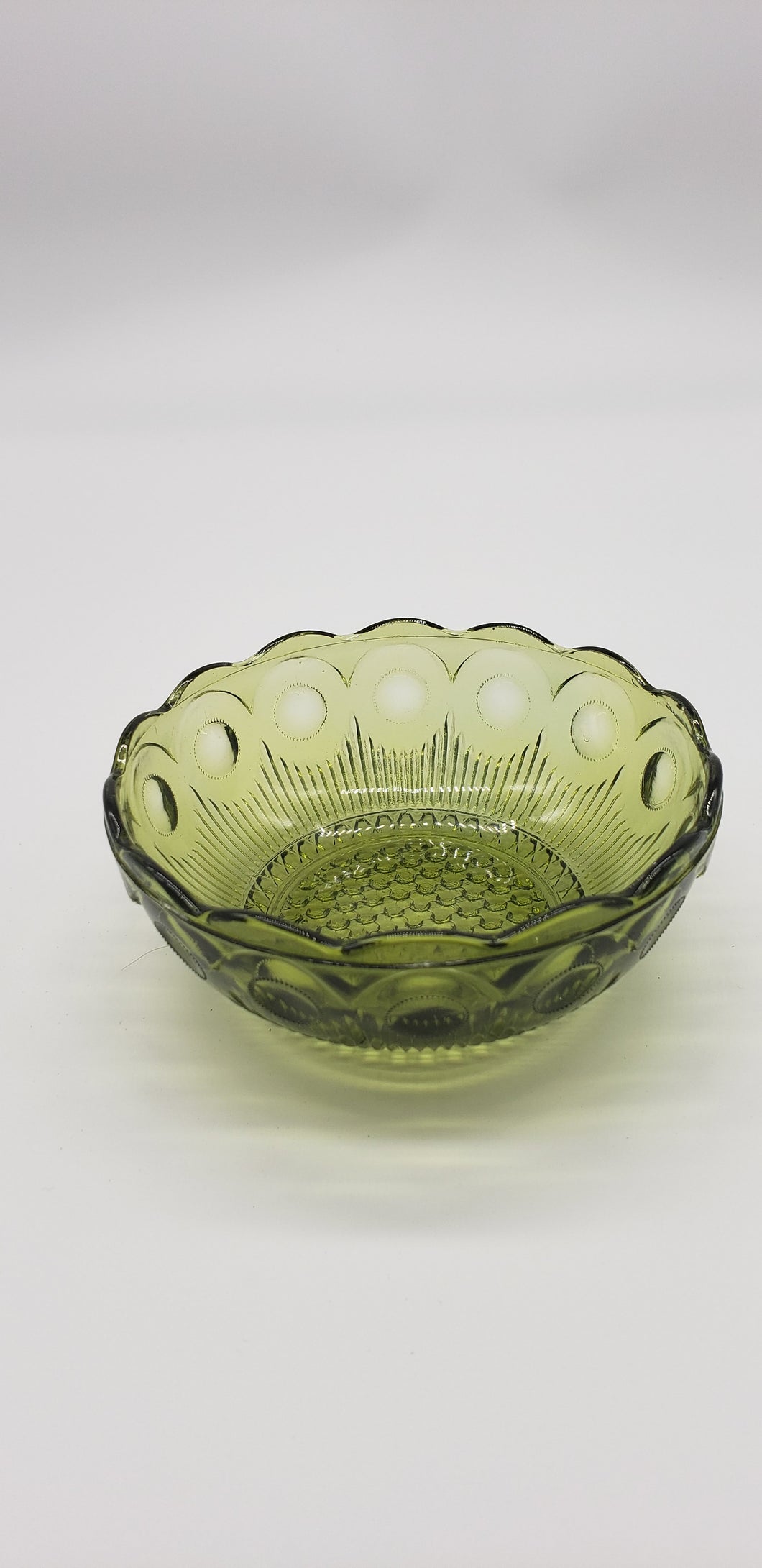 Green Glass Berry Bowl, Jewelry, or Trinkets - Circle pattern and textured bottom
