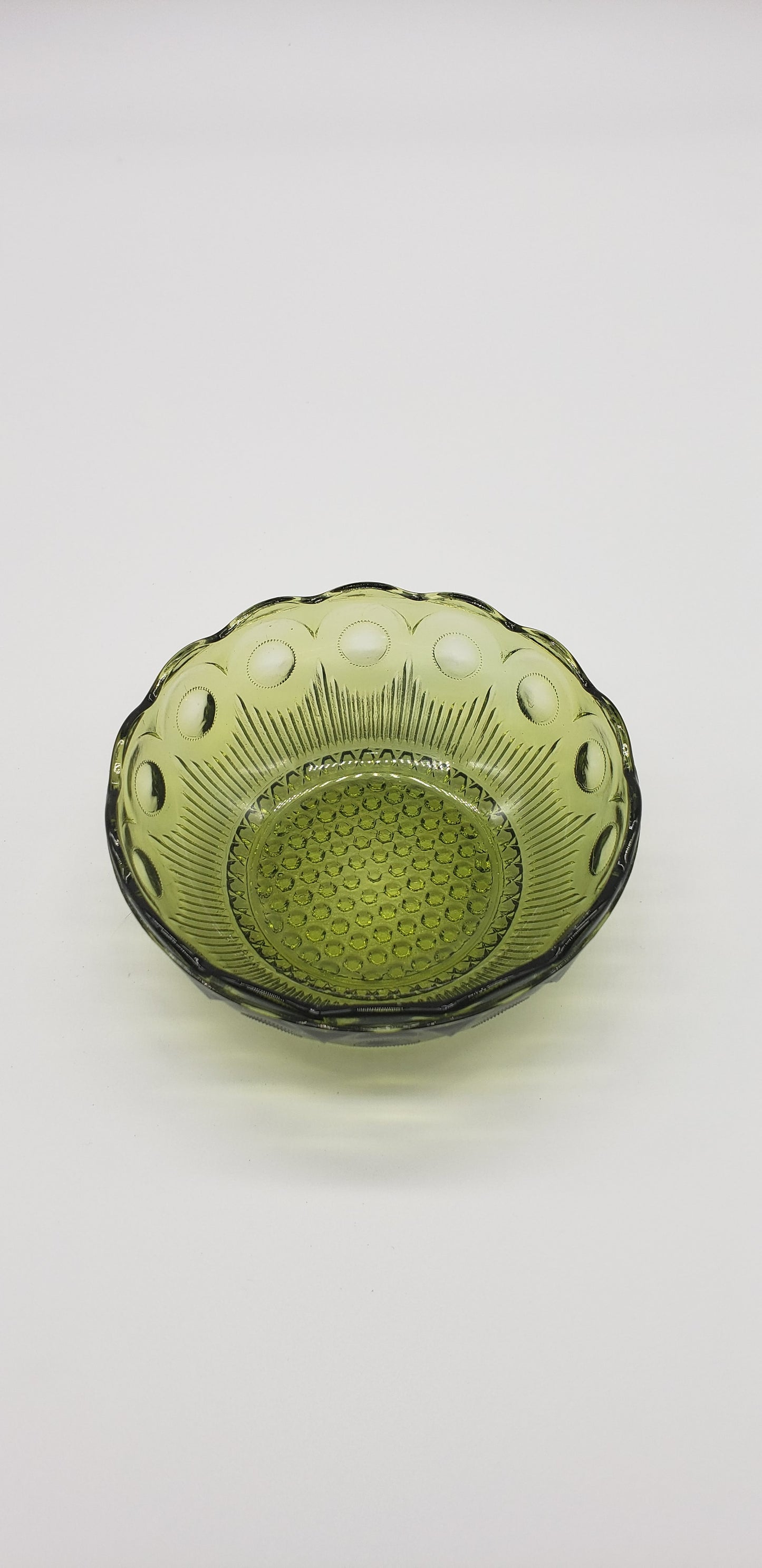 Green Glass Berry Bowl, Jewelry, or Trinkets - Circle pattern and textured bottom