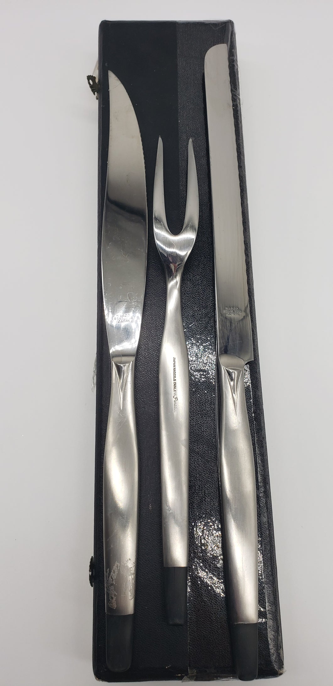Paradise Nasco Stainless Japan Meat Bread Black Tip Brushed Steel 2 Knives & 1 Fork with case