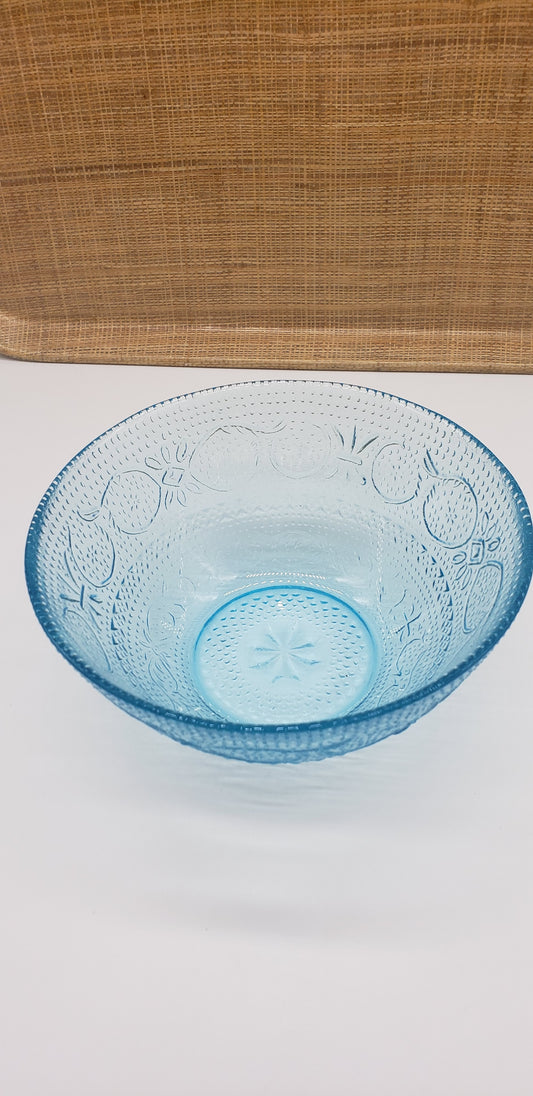 Blue Glass Bowl Fleur-de Lis Diamond Pattern