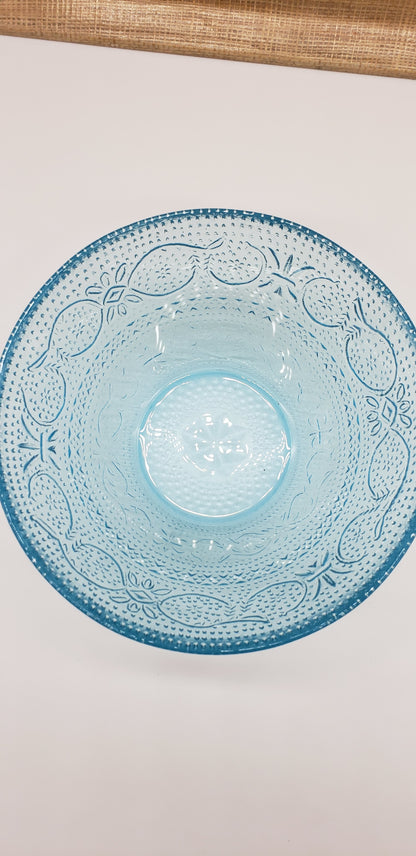 Blue Glass Bowl Fleur-de Lis Diamond Pattern