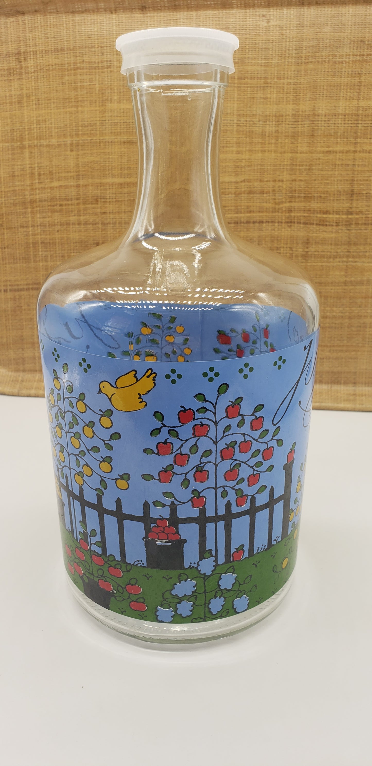 Glass Juice Pitcher with Fruit Trees and Birds