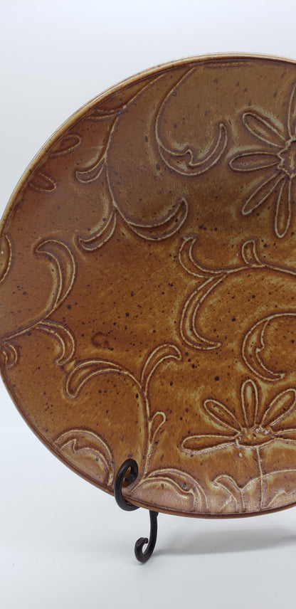 Brown tone floral stoneware/pottery coffee table bowl signed