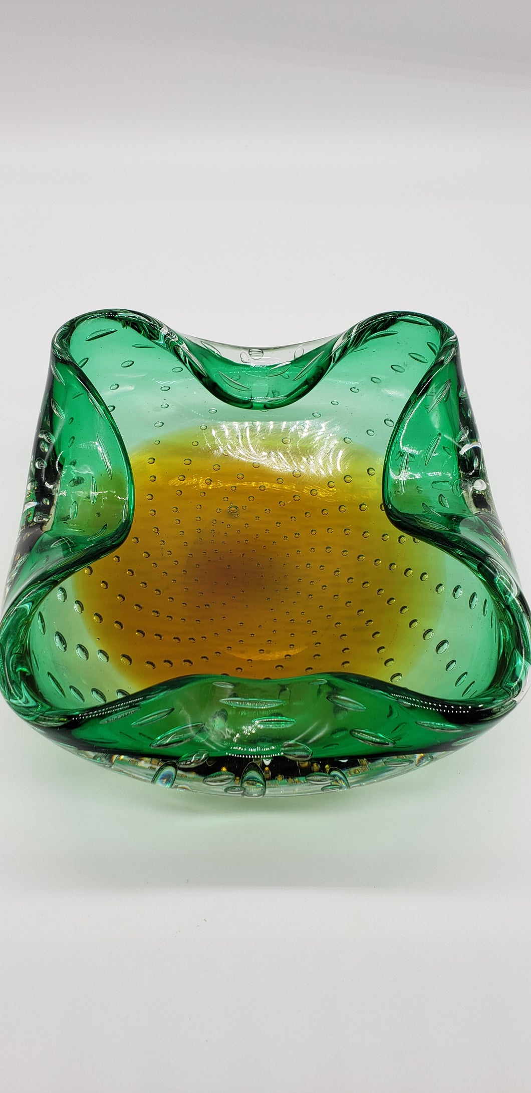 Green & Amber Murano Bullicante Art Glass Bowl