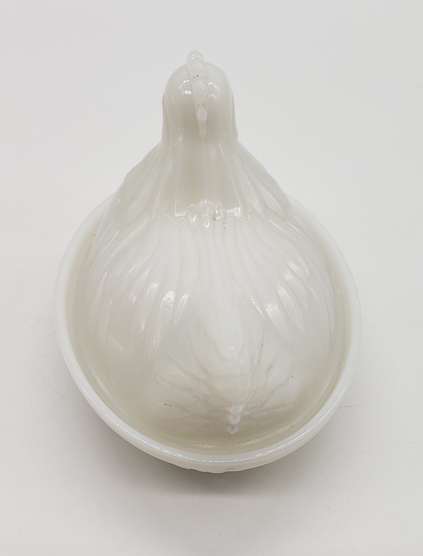 Opalescent white milk glass hen on nest covered dish or trinket box