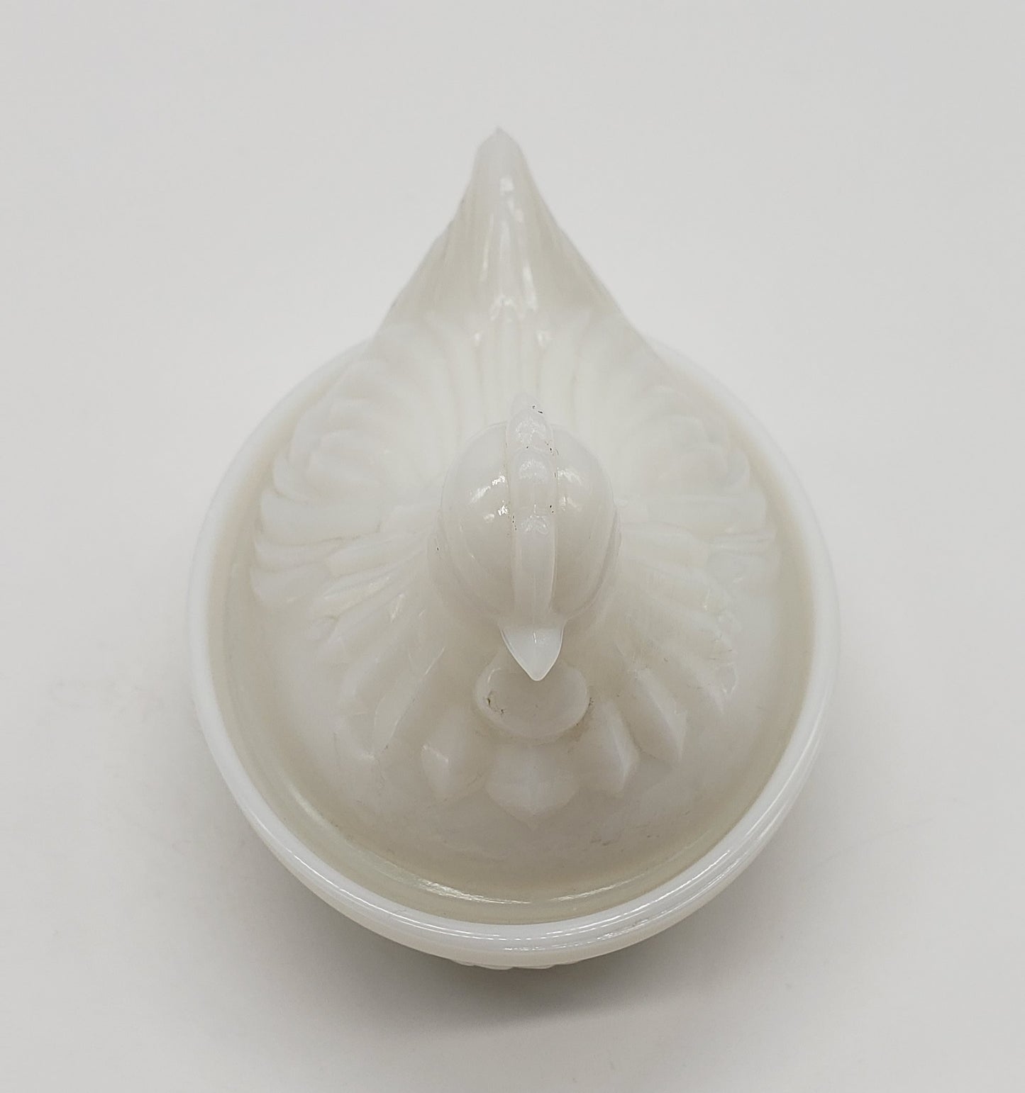 Opalescent white milk glass hen on nest covered dish or trinket box