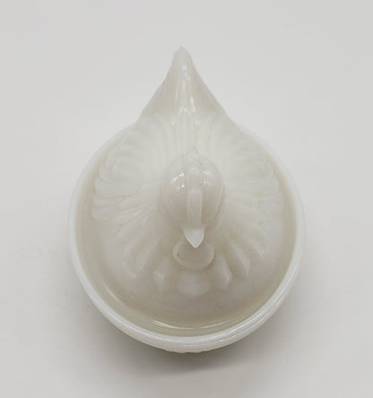 Opalescent white milk glass hen on nest covered dish or trinket box