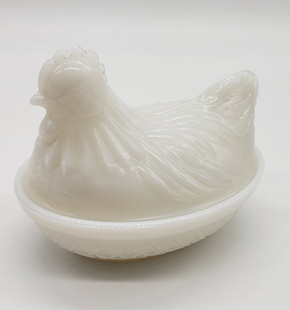 Opalescent white milk glass hen on nest covered dish or trinket box