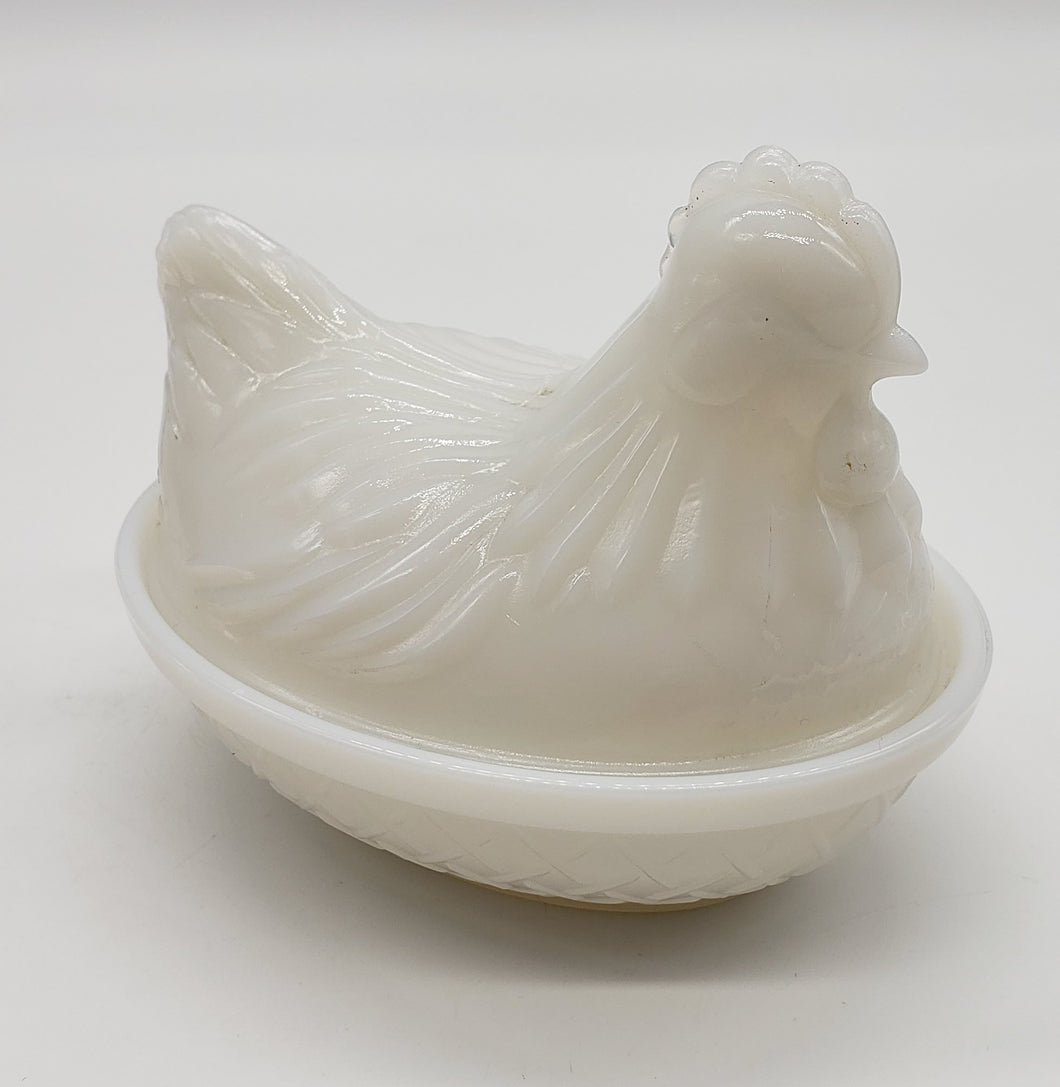 Opalescent white milk glass hen on nest covered dish or trinket box