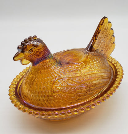 Indiana glass iridescent glass hen on nest covered dish or trinket box