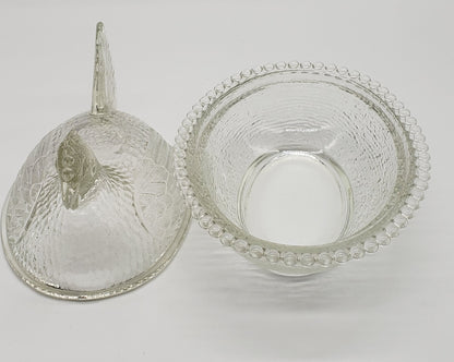 Clear Indiana Glass Hen on Nest Candy Dish Clear Glass 2 Pcs. Beaded Bowl