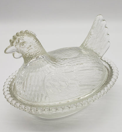 Clear Indiana Glass Hen on Nest Candy Dish Clear Glass 2 Pcs. Beaded Bowl