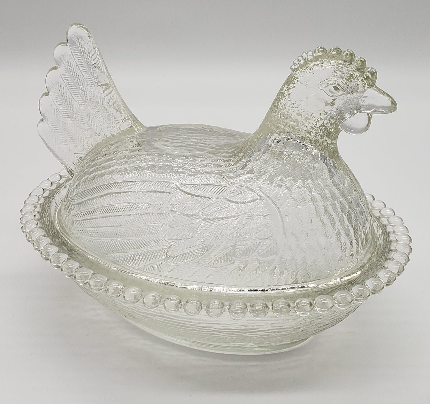 Clear Indiana Glass Hen on Nest Candy Dish Clear Glass 2 Pcs. Beaded Bowl