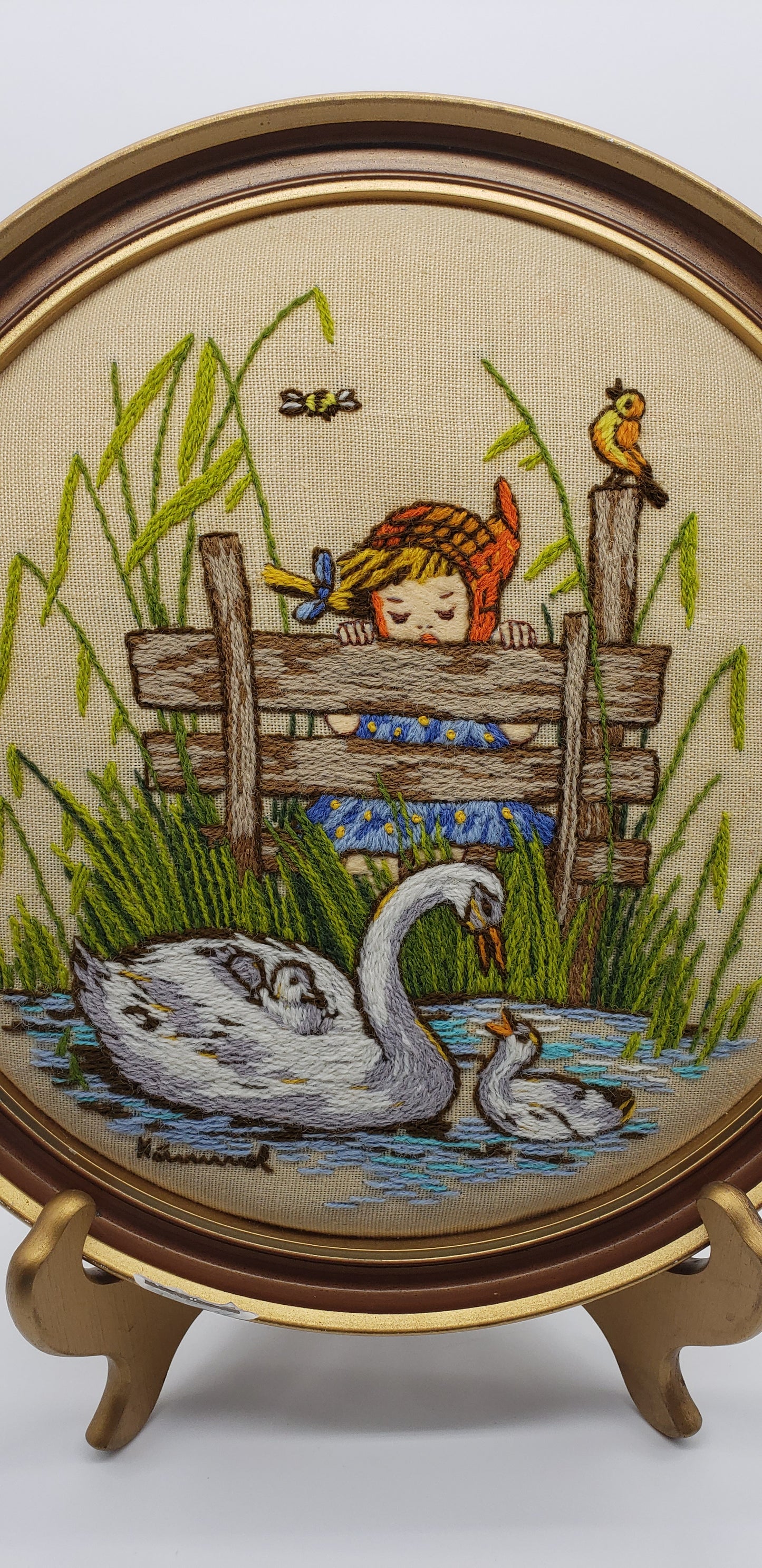 Hummel needlework picture of a Girl looking at a Swan