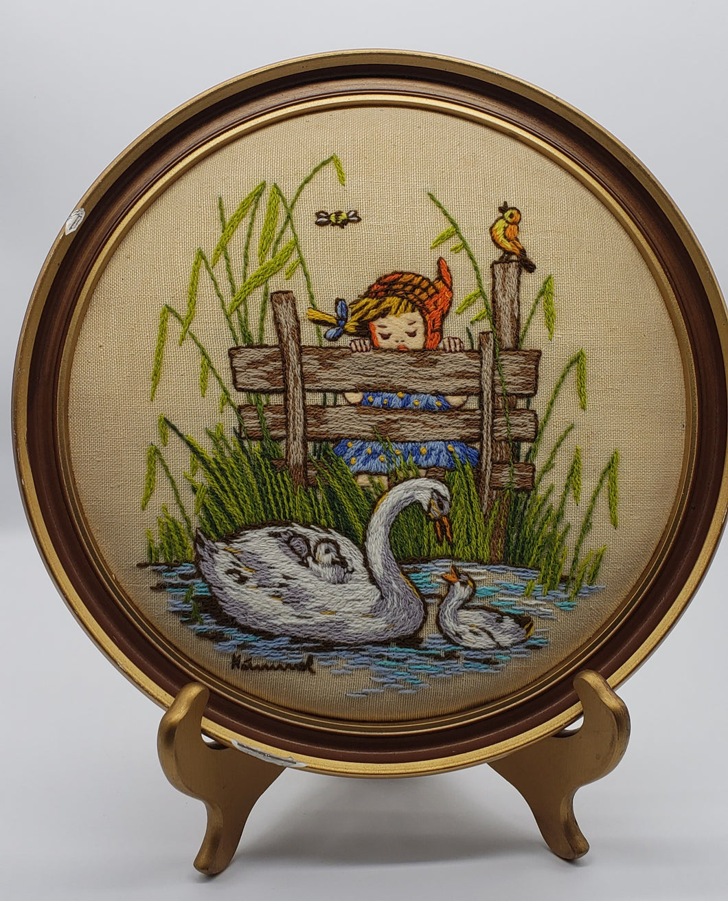 Hummel needlework picture of a Girl looking at a Swan
