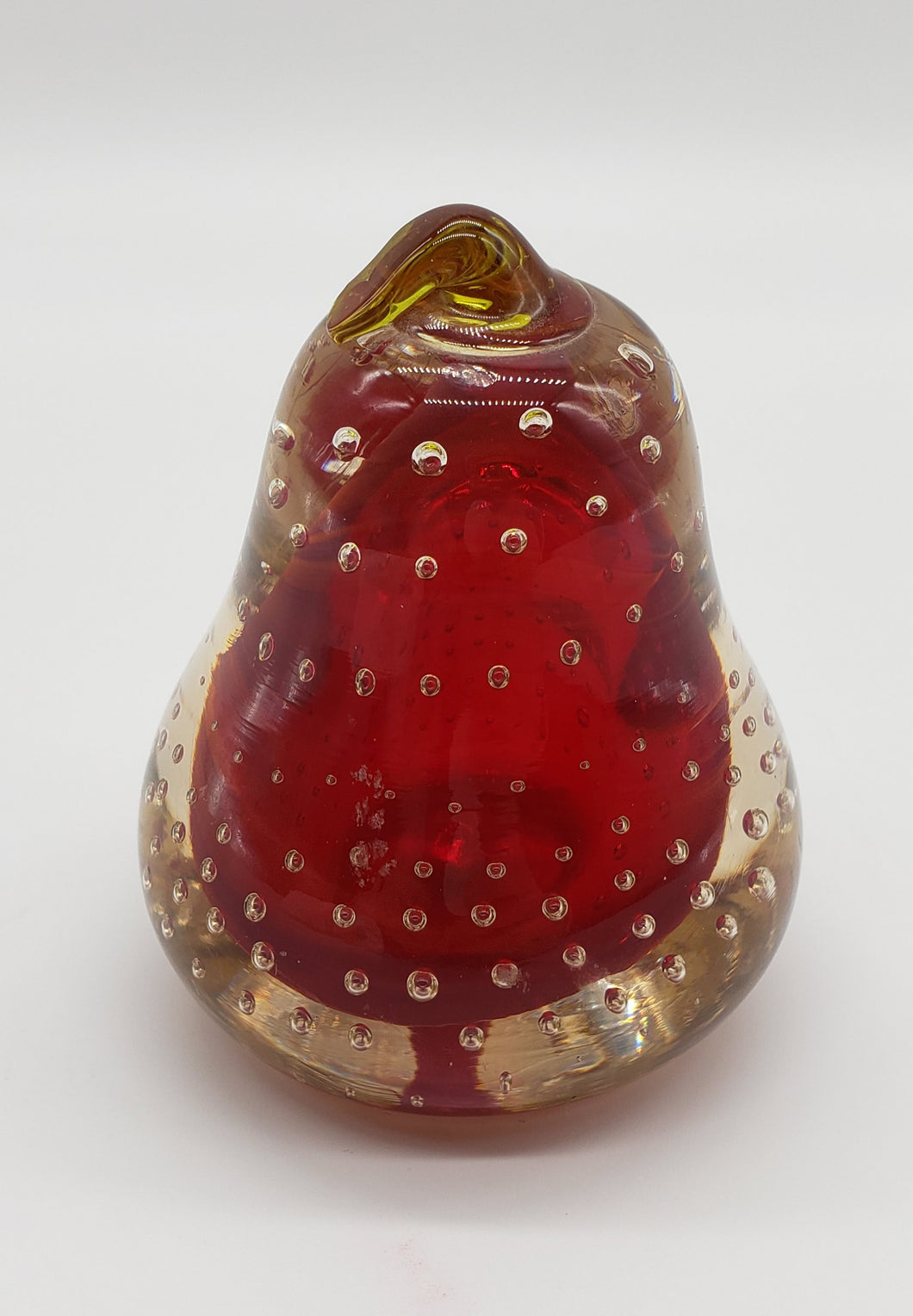 Blown Glass Red Pear Paperweight with Controlled Bubbles