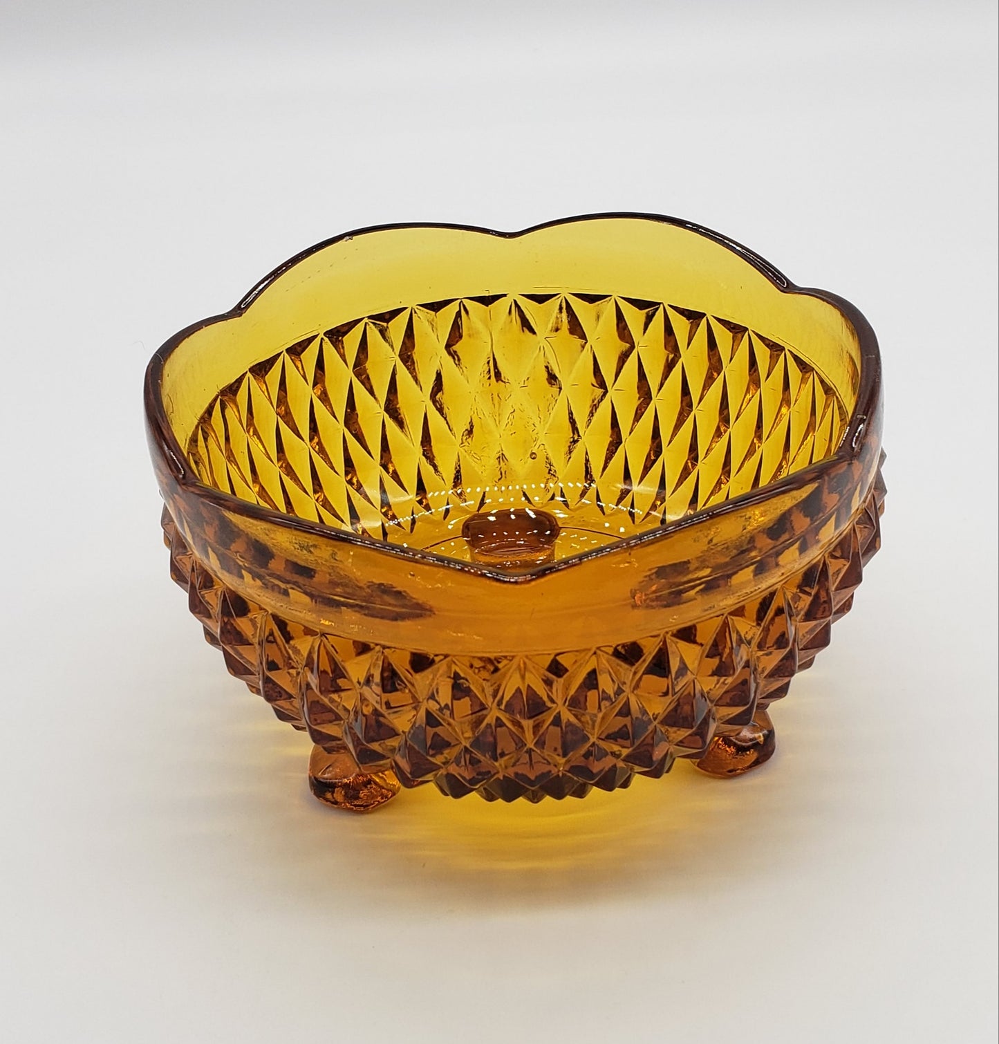 Indiana Glass Golden Amber Diamond Point Footed Bon Bon Bowl