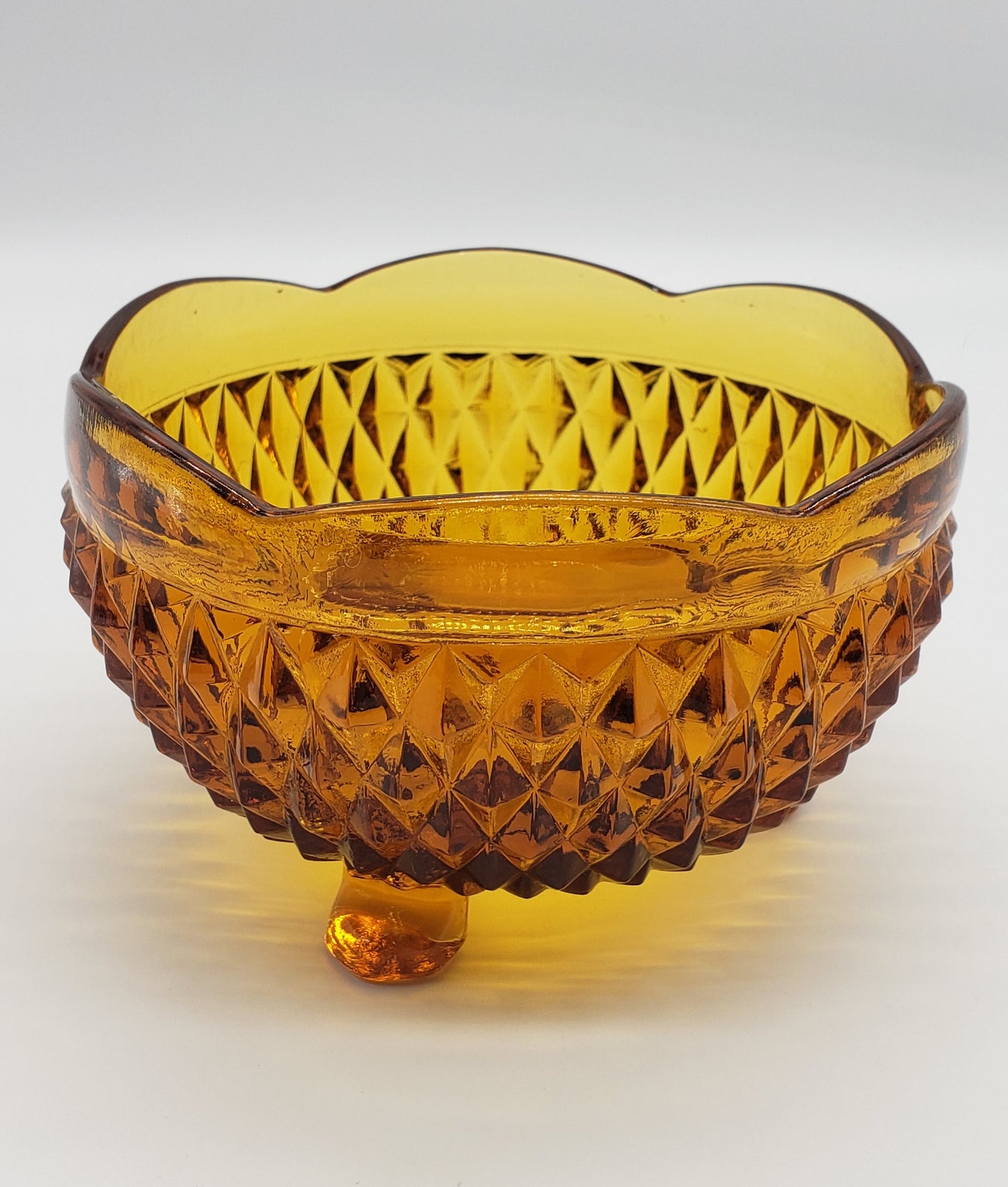 Indiana Glass Golden Amber Diamond Point Footed Bon Bon Bowl