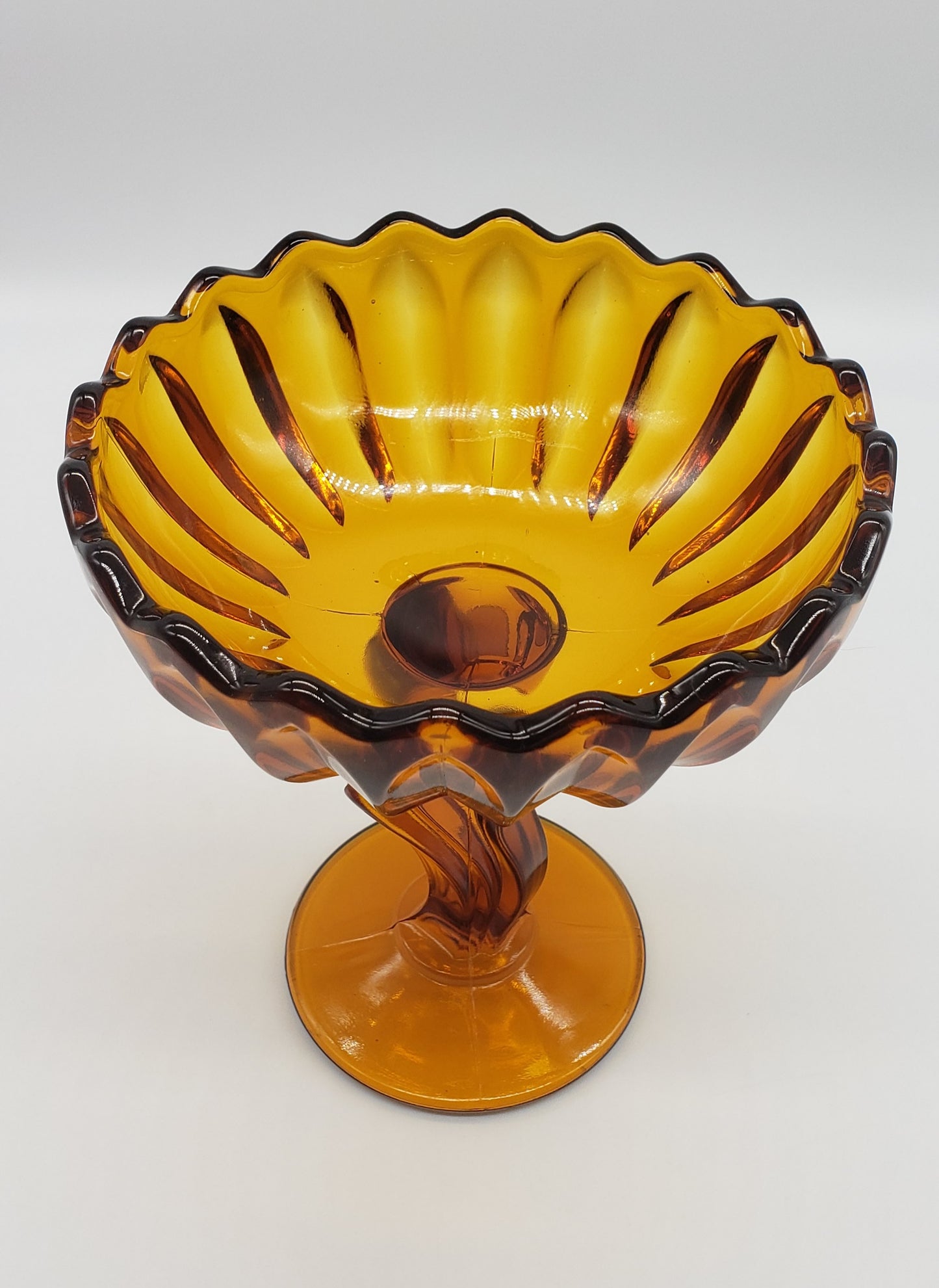 Indiana Amber Glass Lotus Blossom Pedestal Lily Tulip Compote Candy Dish