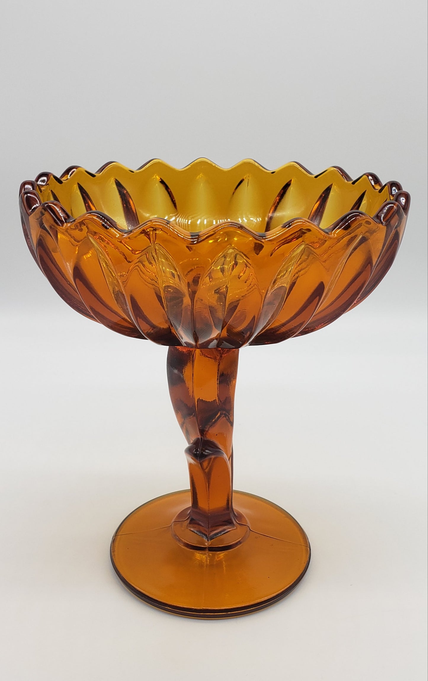 Indiana Amber Glass Lotus Blossom Pedestal Lily Tulip Compote Candy Dish