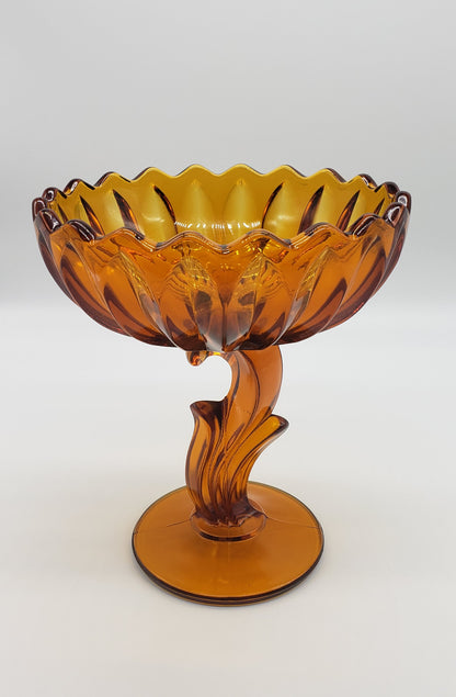 Indiana Amber Glass Lotus Blossom Pedestal Lily Tulip Compote Candy Dish