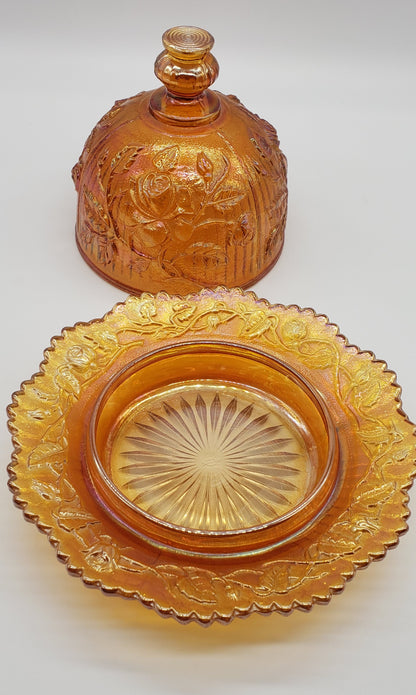 Carnival glass Imperial rose butter dish