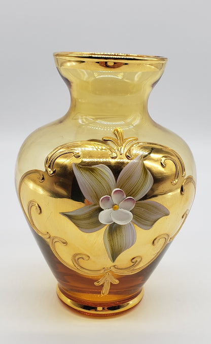 Czech Glass Vase, Yellow w/Enameled Flowers Mini Vase