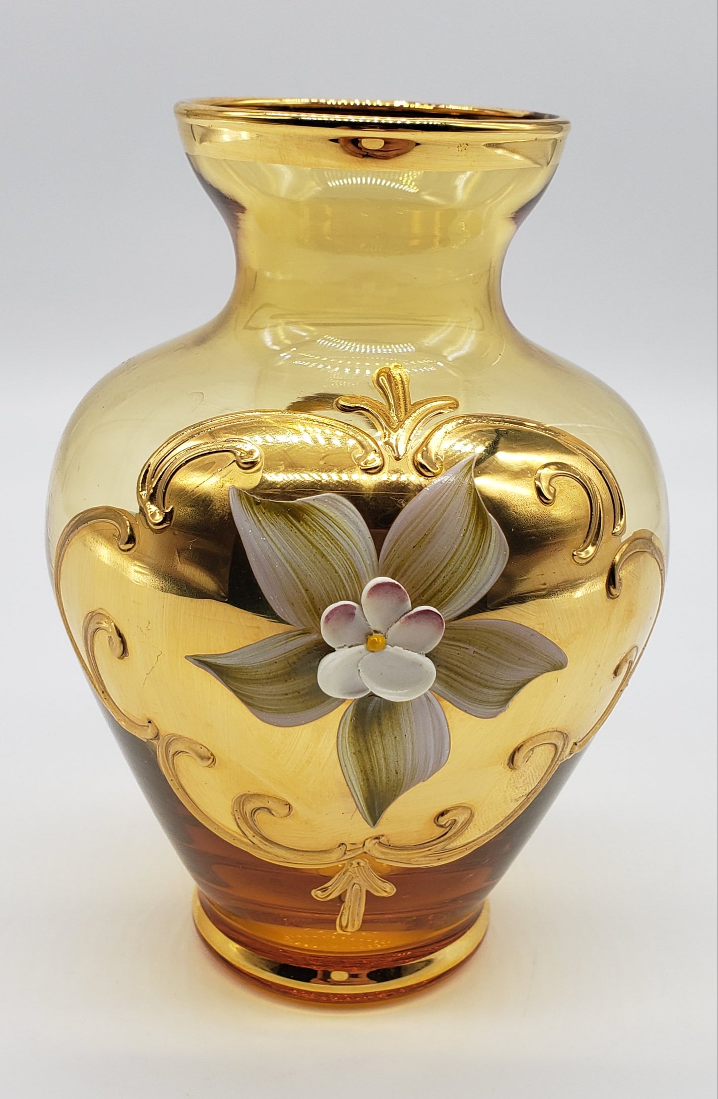 Czech Glass Vase, Yellow w/Enameled Flowers Mini Vase