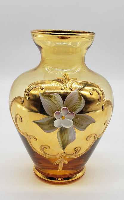 Czech Glass Vase, Yellow w/Enameled Flowers Mini Vase