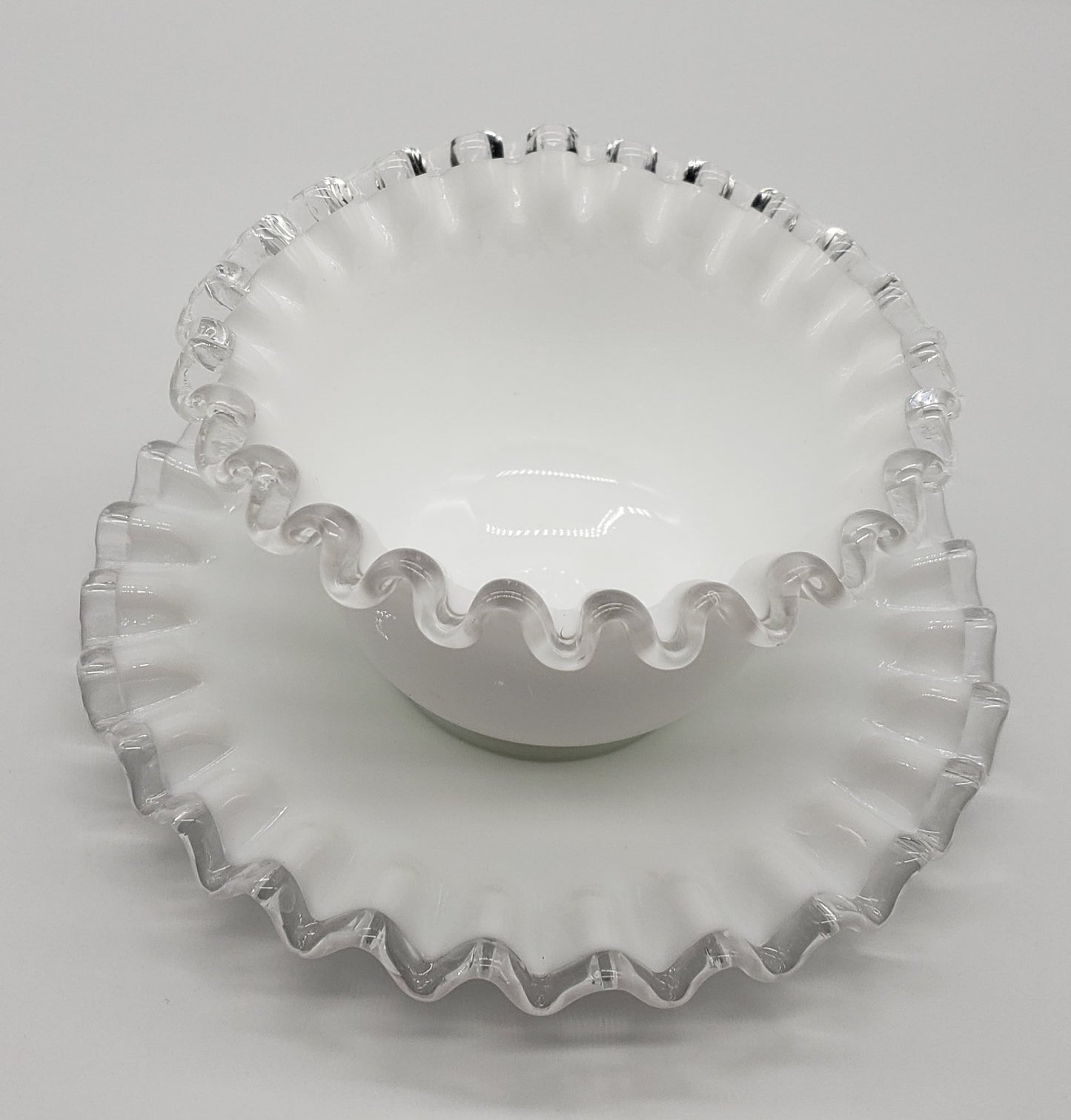 Vintage Fenton Silver Crest White Milk Glass Mayo Condiment Bowl and Saucer Ruffled Edge