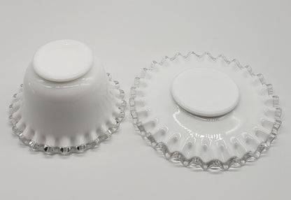 Vintage Fenton Silver Crest White Milk Glass Mayo Condiment Bowl and Saucer Ruffled Edge