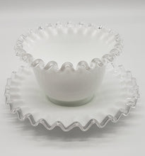 Load image into Gallery viewer, Vintage Fenton Silver Crest White Milk Glass Mayo Condiment Bowl and Saucer Ruffled Edge
