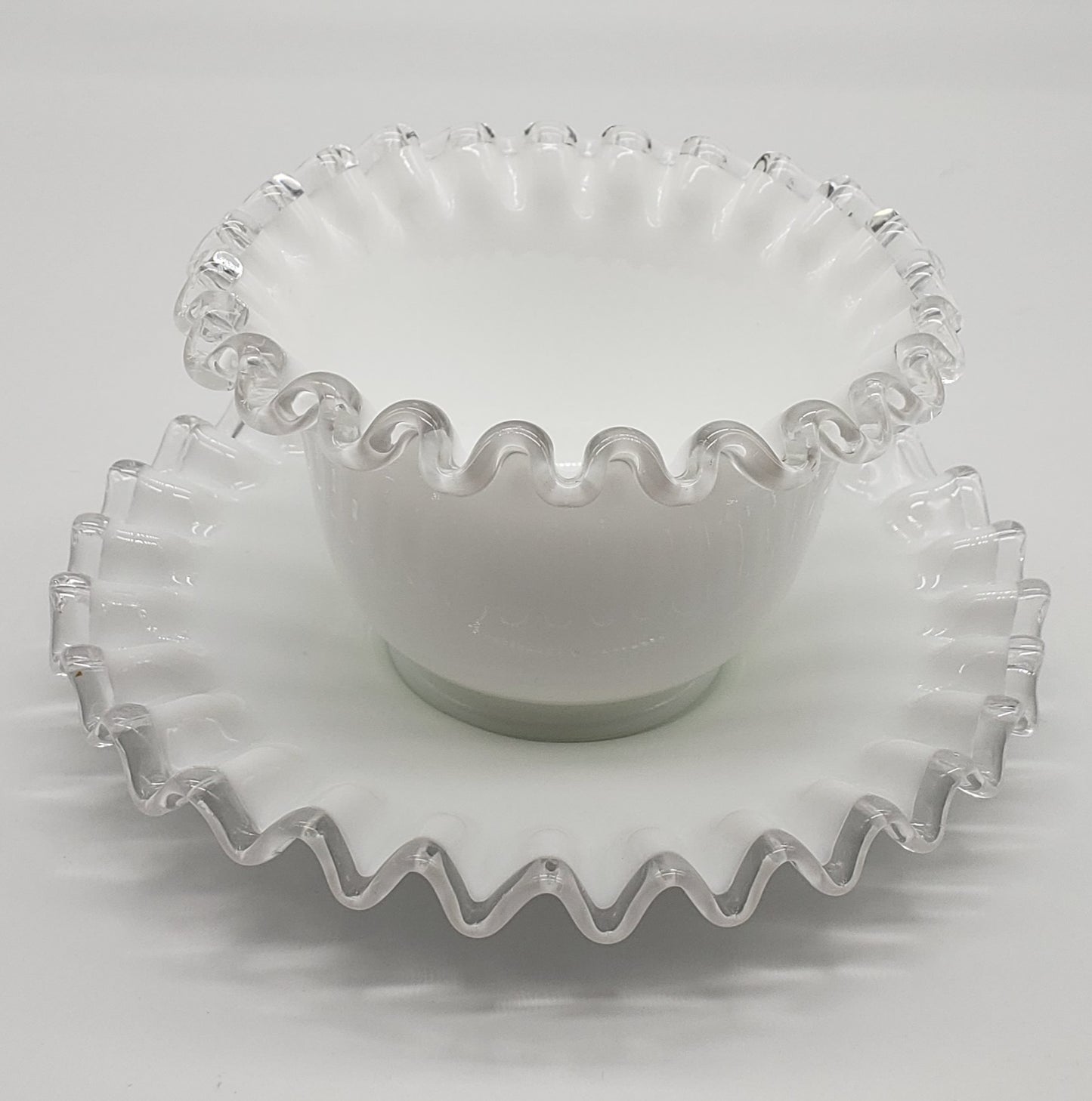 Vintage Fenton Silver Crest White Milk Glass Mayo Condiment Bowl and Saucer Ruffled Edge