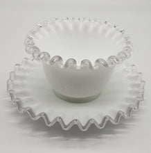 Load image into Gallery viewer, Vintage Fenton Silver Crest White Milk Glass Mayo Condiment Bowl and Saucer Ruffled Edge
