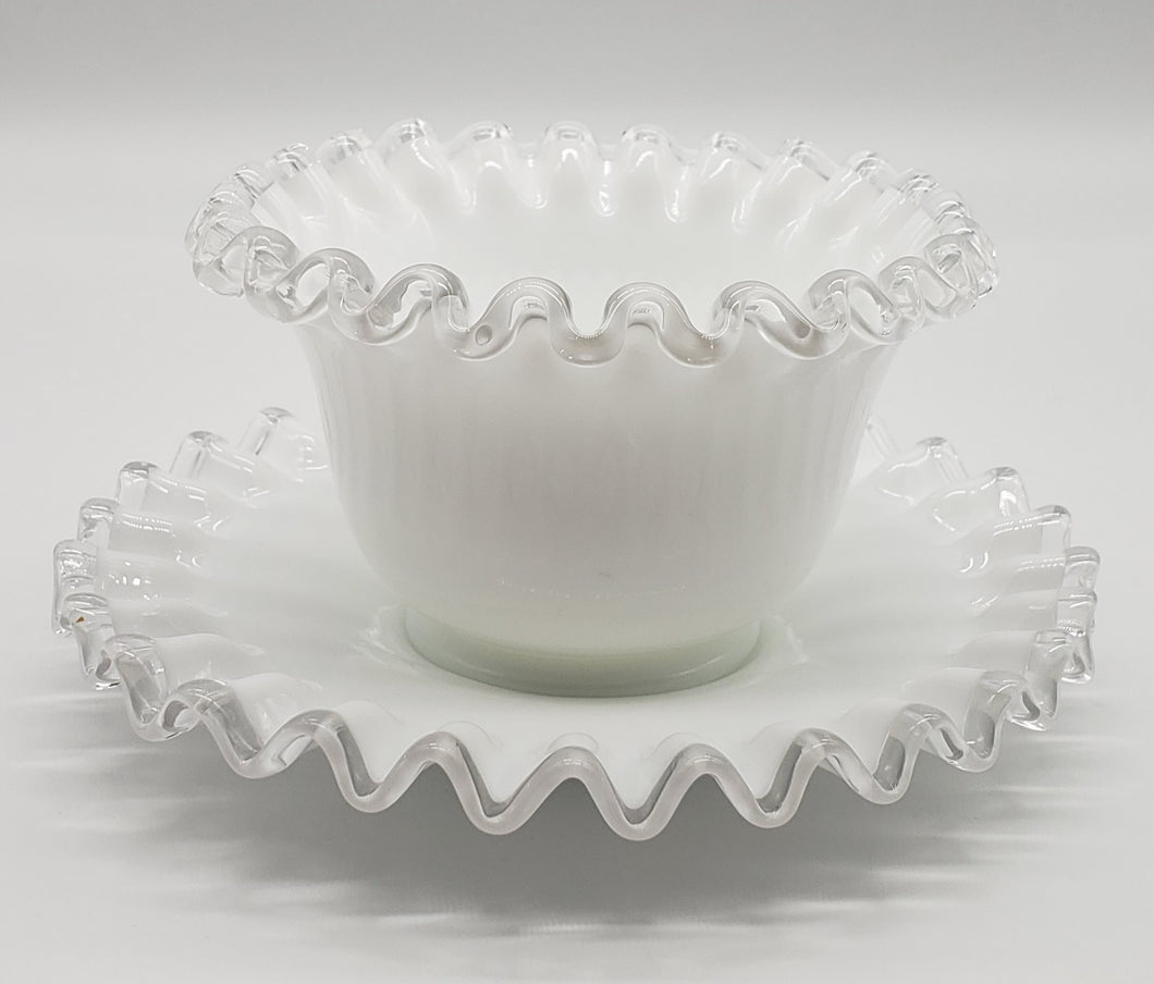 Vintage Fenton Silver Crest White Milk Glass Mayo Condiment Bowl and Saucer Ruffled Edge