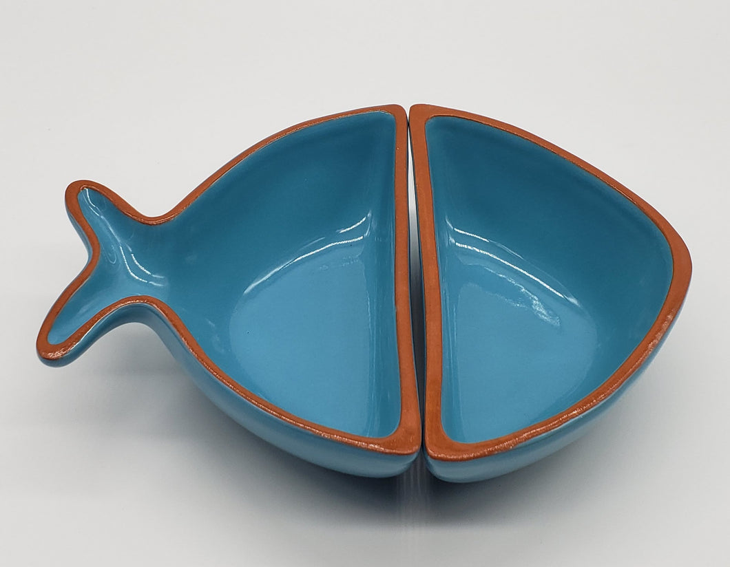 Terracotta Pottery Made in Portugal Blue Fish Glazed Divided Dishes Snack Bowls