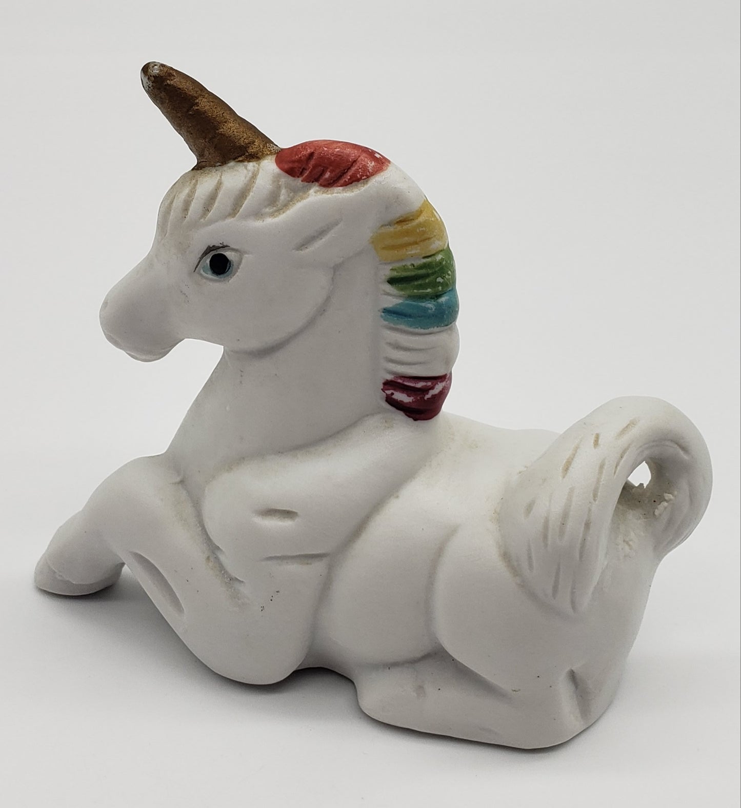 Bisque White Unicorn Statue, Rainbow Hair